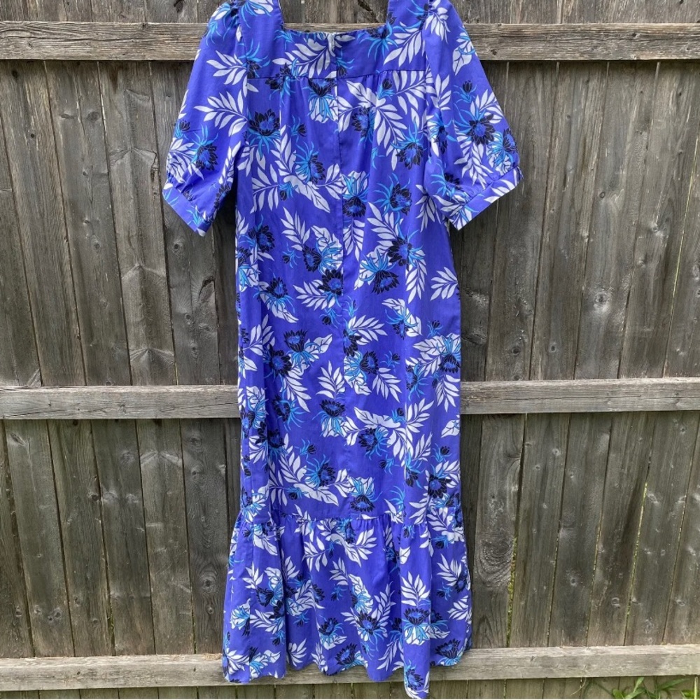 Vintage Y Not Hawaii Made in USA Floral Mumu Puff Sleeve Ruffle Hem Sz L - Picture 3 of 11